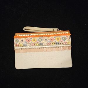 Embroidered Beige and Orange Clutch